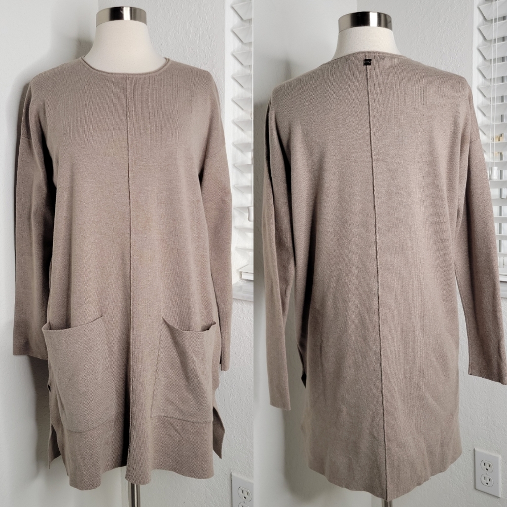 PURIFICATION GARCIA Ribbed Pocket Front Sweater Dress Tan S.